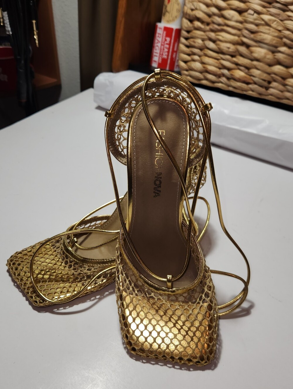 Women's Fashion Nova Metallic Gold Lace-Up Mesh Heels
